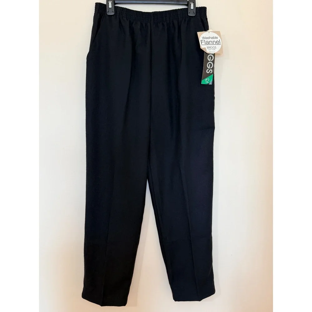 Briggs New York Washable Flannel Pants Black Elastic Waist Trousers 12 807-611